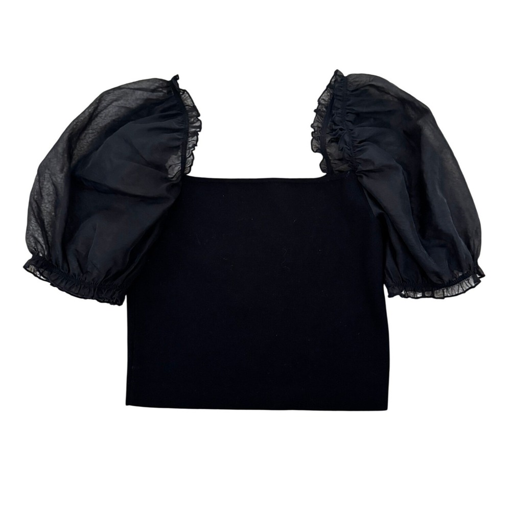 Wilfred Aritzia Black Organza Puff Sleeve Square Neck Knit Top M